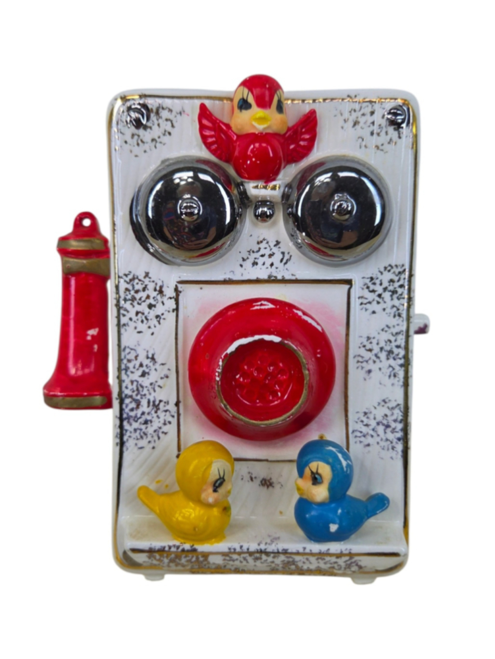 Mid-Century Vintage Ceramic Telephone Wall Pocket With Birds & Rotary Dial 1950s